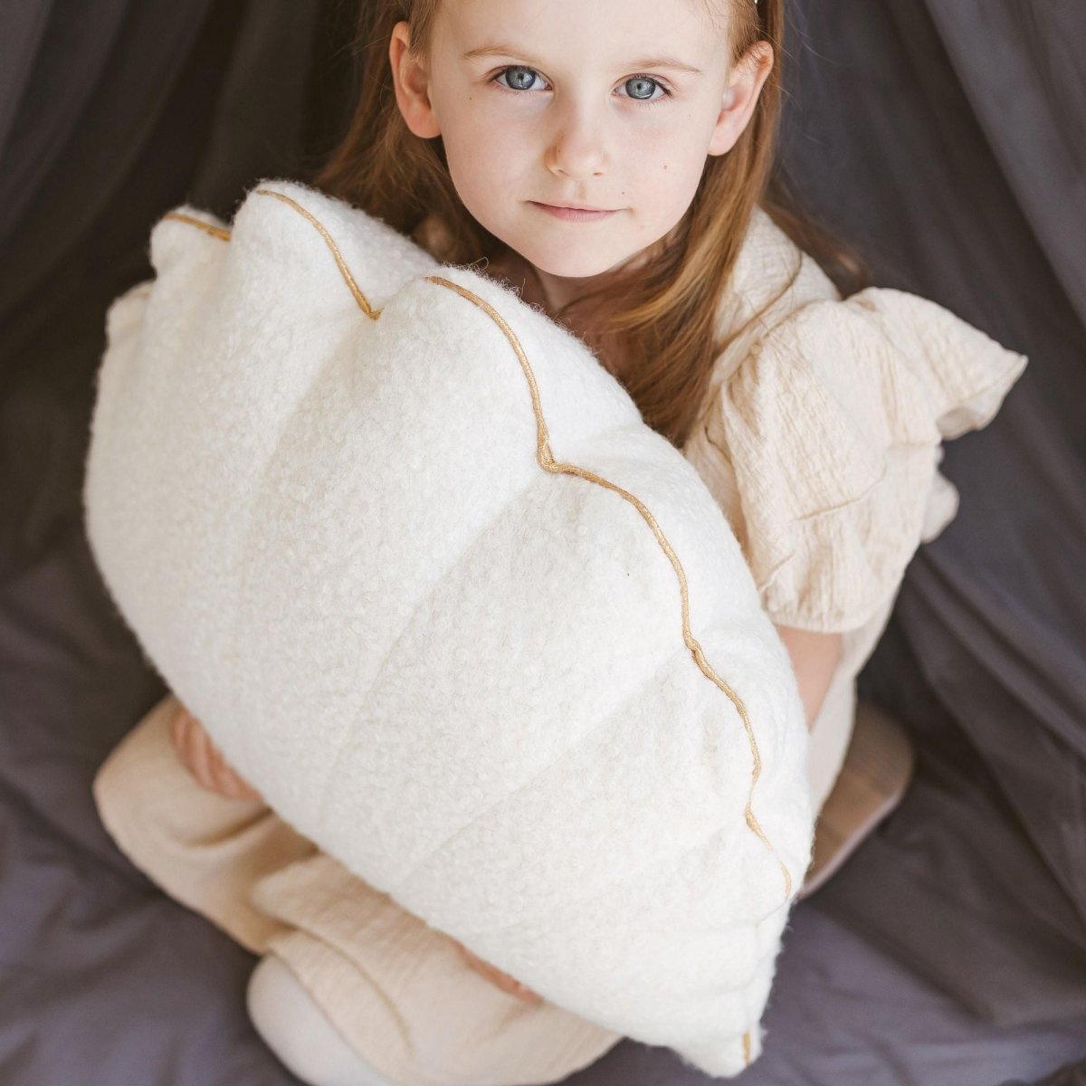 MINICAMP Ecru Boucle Seashell Cushion with Chic Golden Trim – Decorative Pillows for children, available at Learning Bugs UK