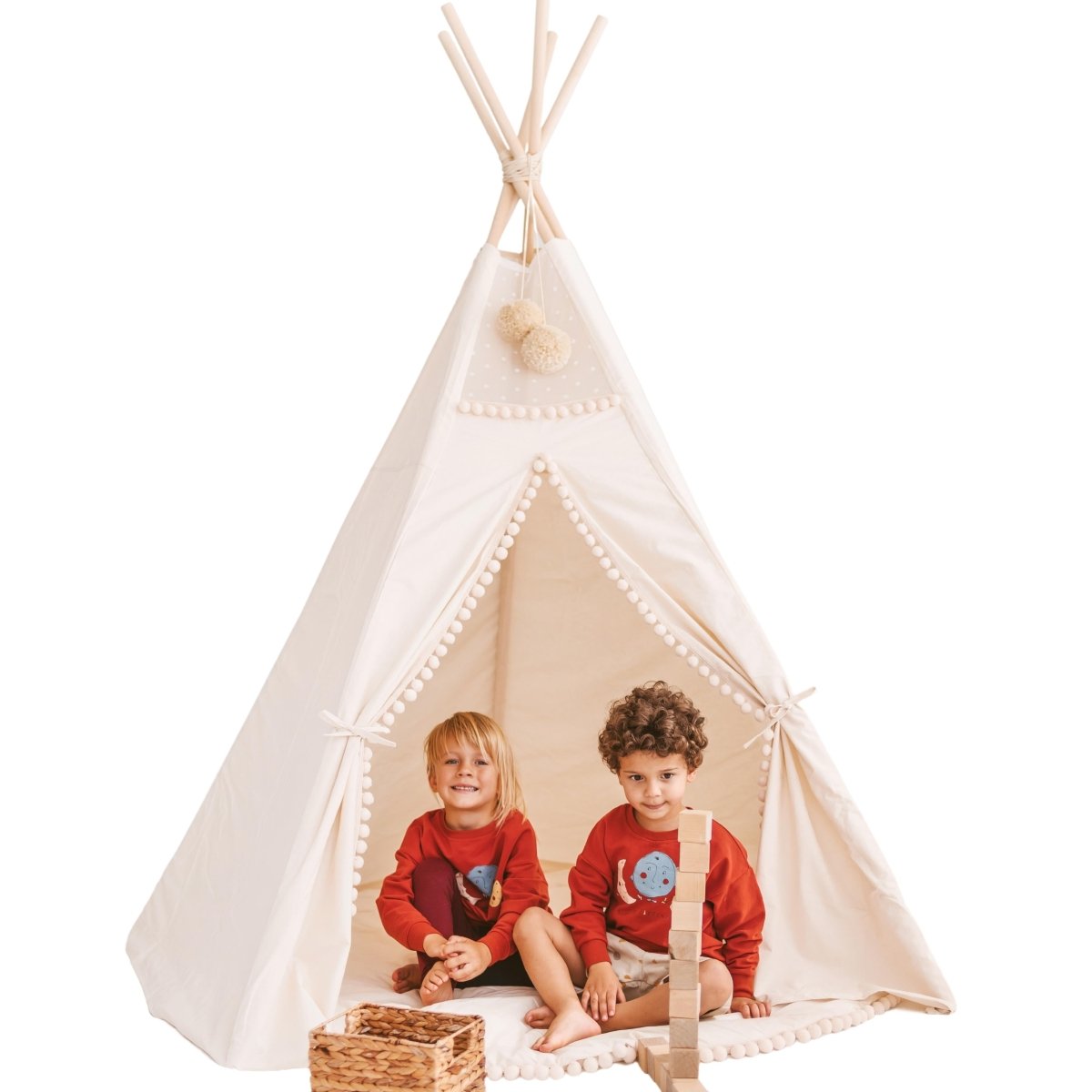 MINICAMP Extra Large Kids Teepee Tent with Pom Pom Decor – XL Teepees for children, available at Learning Bugs UK
