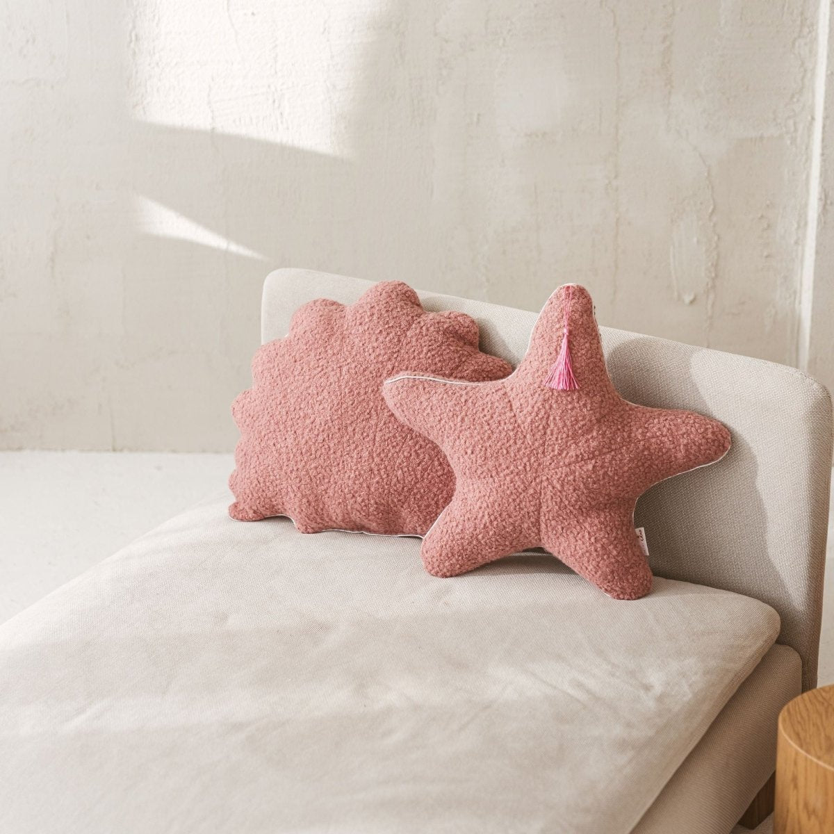 MINICAMP Rose Boucle Sea Shell Pillow with Chic Metallic Trim – Decorative Pillows for children, available at Learning Bugs UK