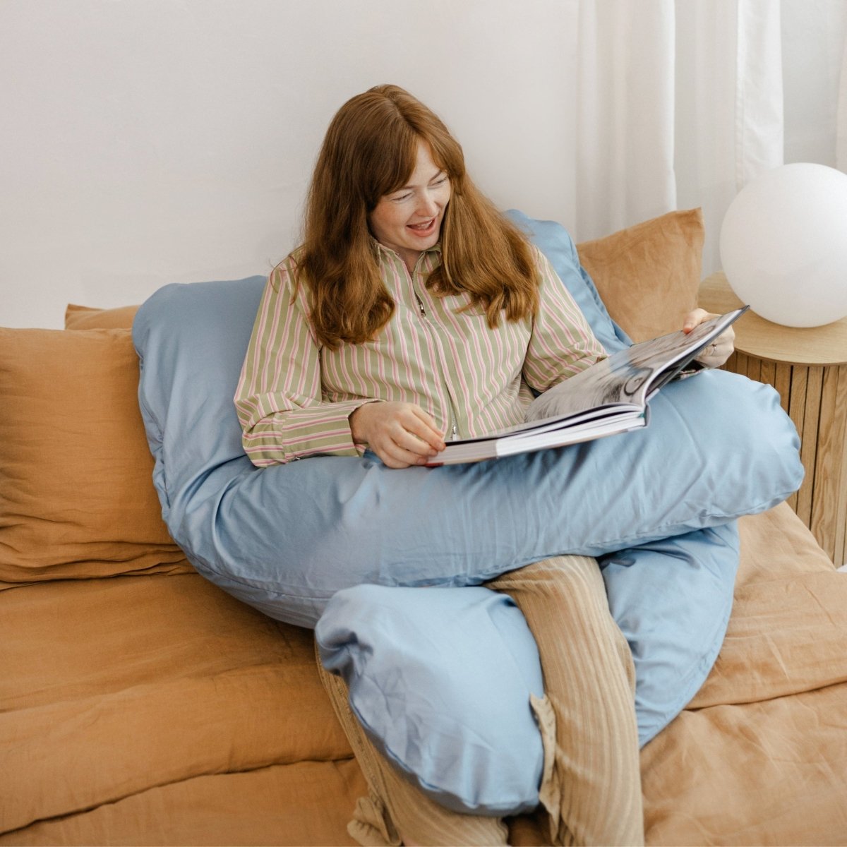 MINICAMP U-Shaped Pregnancy Pillow with Natural Sateen Cotton Cover in Stone Blue | Kapok & Latex Blend or PES Filling – Body Pillows U Shaped for children, available at Learning Bugs UK