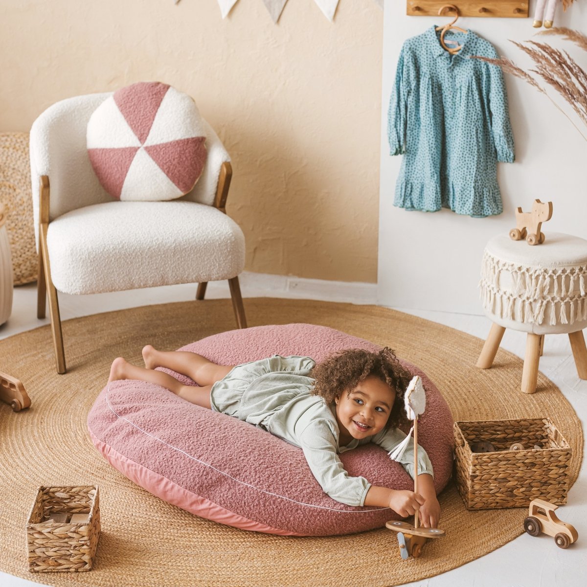 MINICAMP Boucle Fabric Kids Floor Cushion in Rose – Floor Pillows for children, available at Learning Bugs UK
