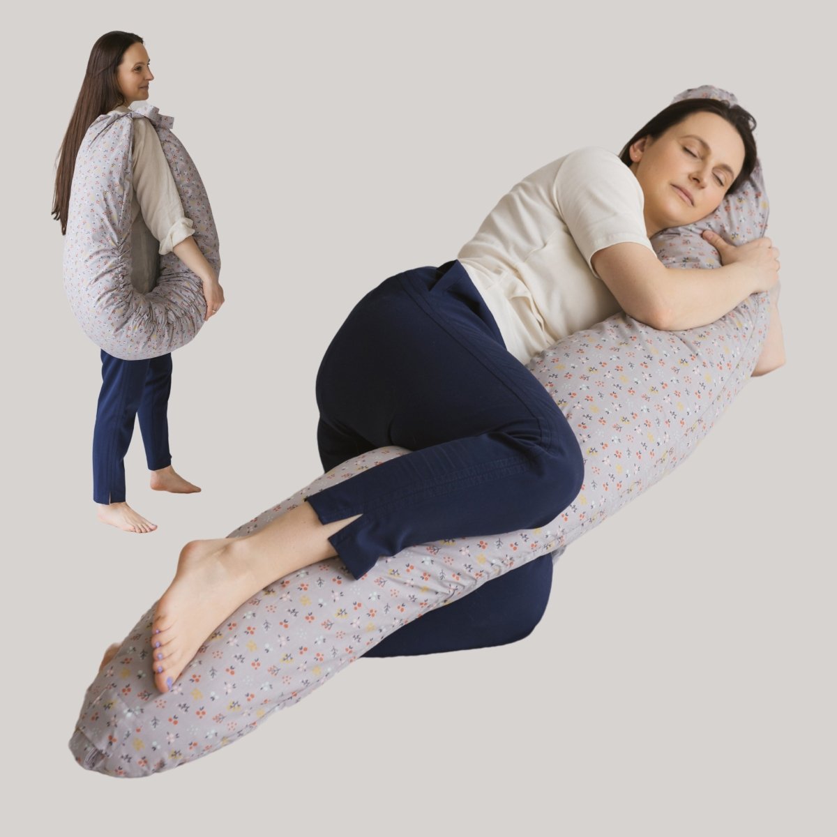 MINICAMP C-Shape Nursing & Pregnancy Pillow with Organic Grey Cover | Kapok & Latex Blend or PES Filling – Nursing Pillows for children, available at Learning Bugs UK