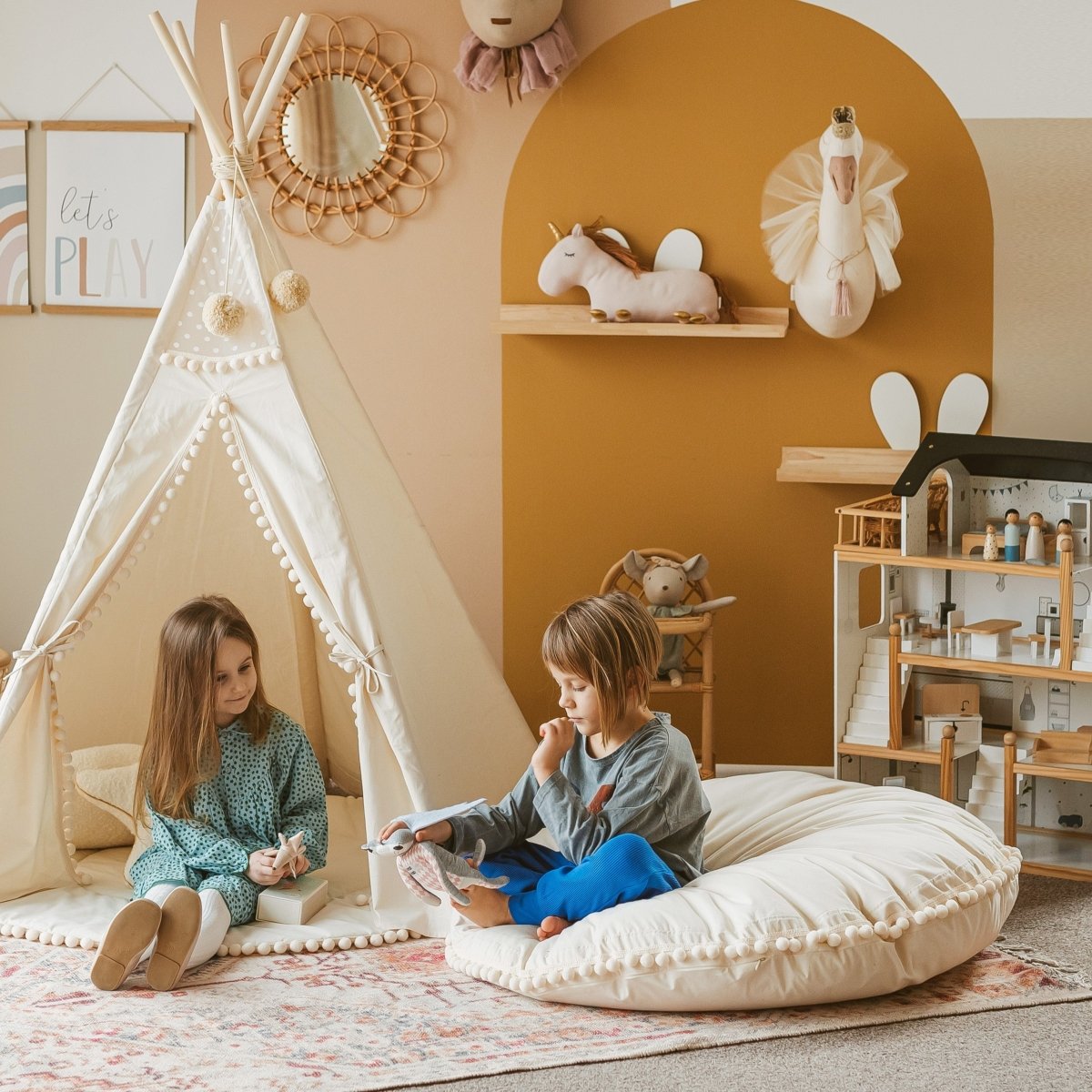 MINICAMP Large Floor Cushion with Pom Poms in Ecru – Floor Pillows for children, available at Learning Bugs UK