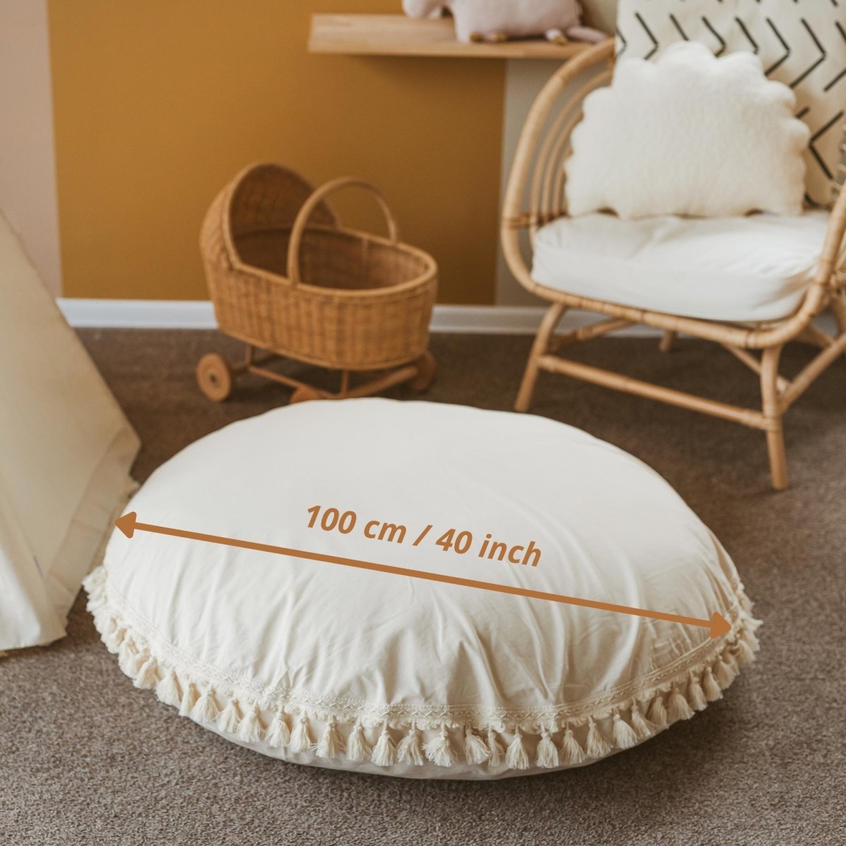MINICAMP Large Floor Cushion with Tassels in Ecru – Floor Pillows for children, available at Learning Bugs UK