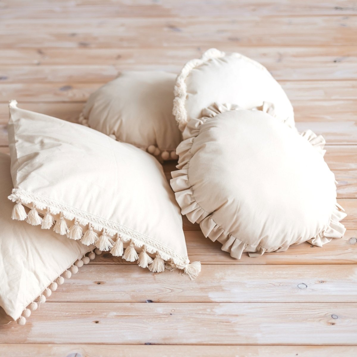 MINICAMP Throw Pillow in Ecru with Pompom trim – Decorative Pillows for children, available at Learning Bugs UK