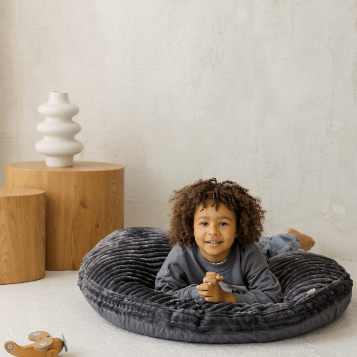 MINICAMP Large Kids Floor Cushion in dark grey corduroy – Floor Pillows for children, available at Learning Bugs UK