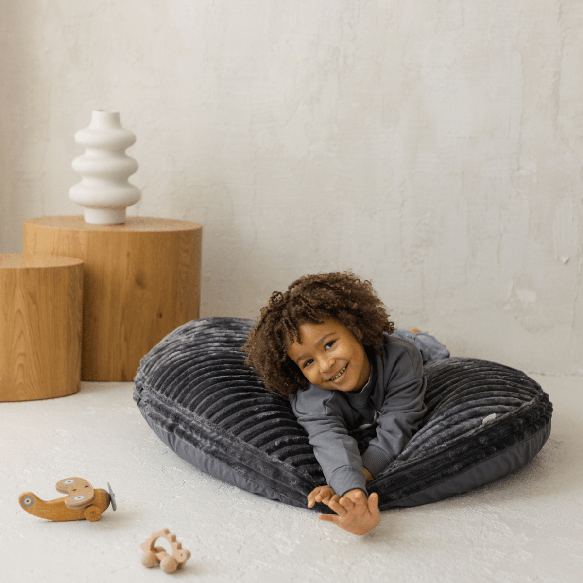 MINICAMP Large Kids Floor Cushion in dark grey corduroy – Floor Pillows for children, available at Learning Bugs UK