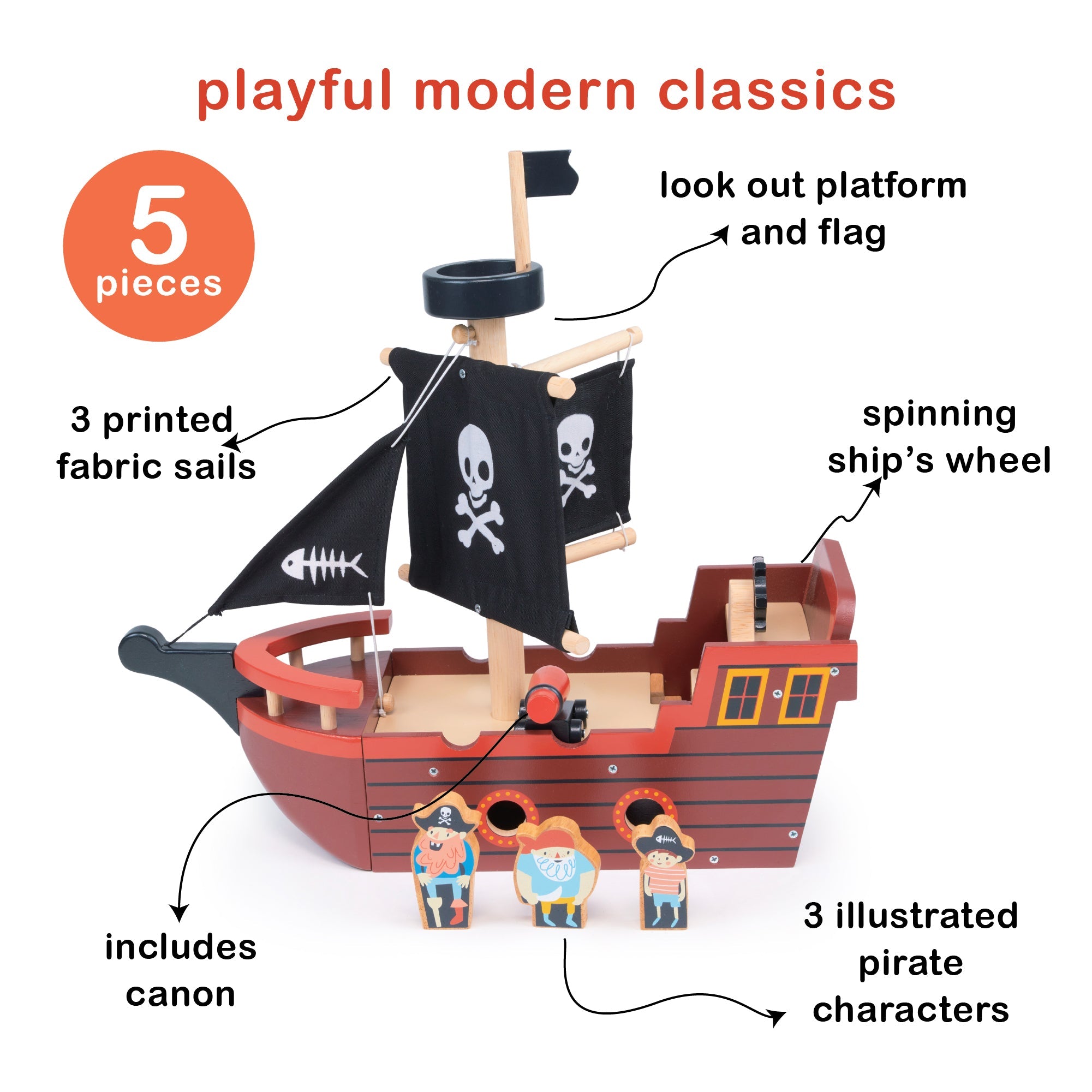 Buy Fishbones Pirate Ship | Wooden boat for kids by Learning Bugs UK
