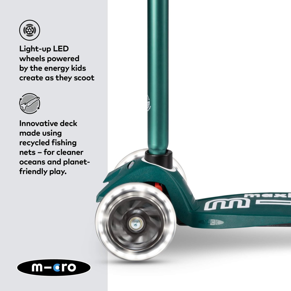 Maxi Micro Scooter Deluxe ECO LED — Green – for children, available at Learning Bugs UK