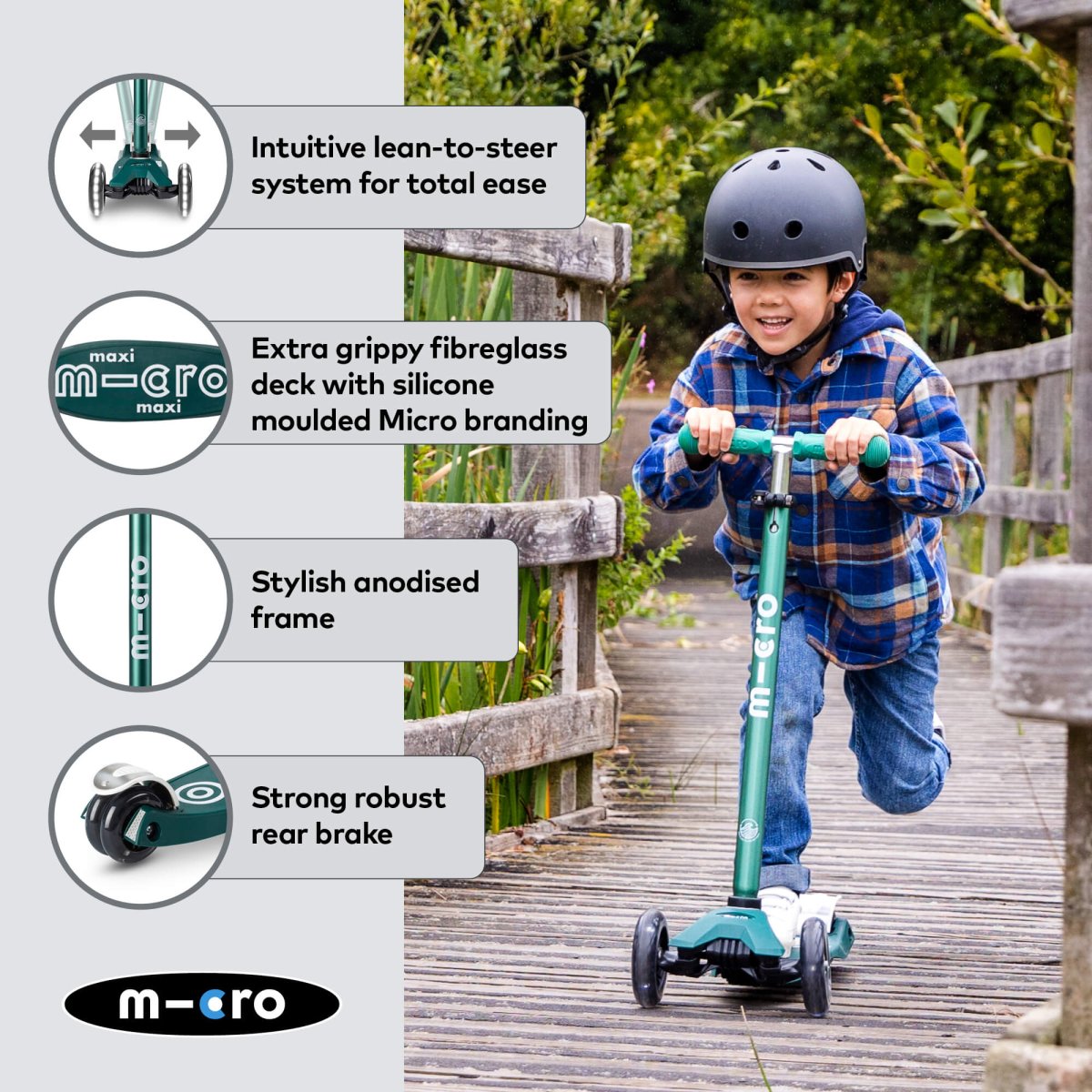 Maxi Micro Scooter Deluxe ECO LED — Green – for children, available at Learning Bugs UK