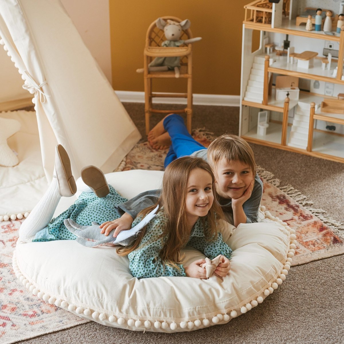 MINICAMP Large Floor Cushion with Pom Poms in Ecru – Floor Pillows for children, available at Learning Bugs UK