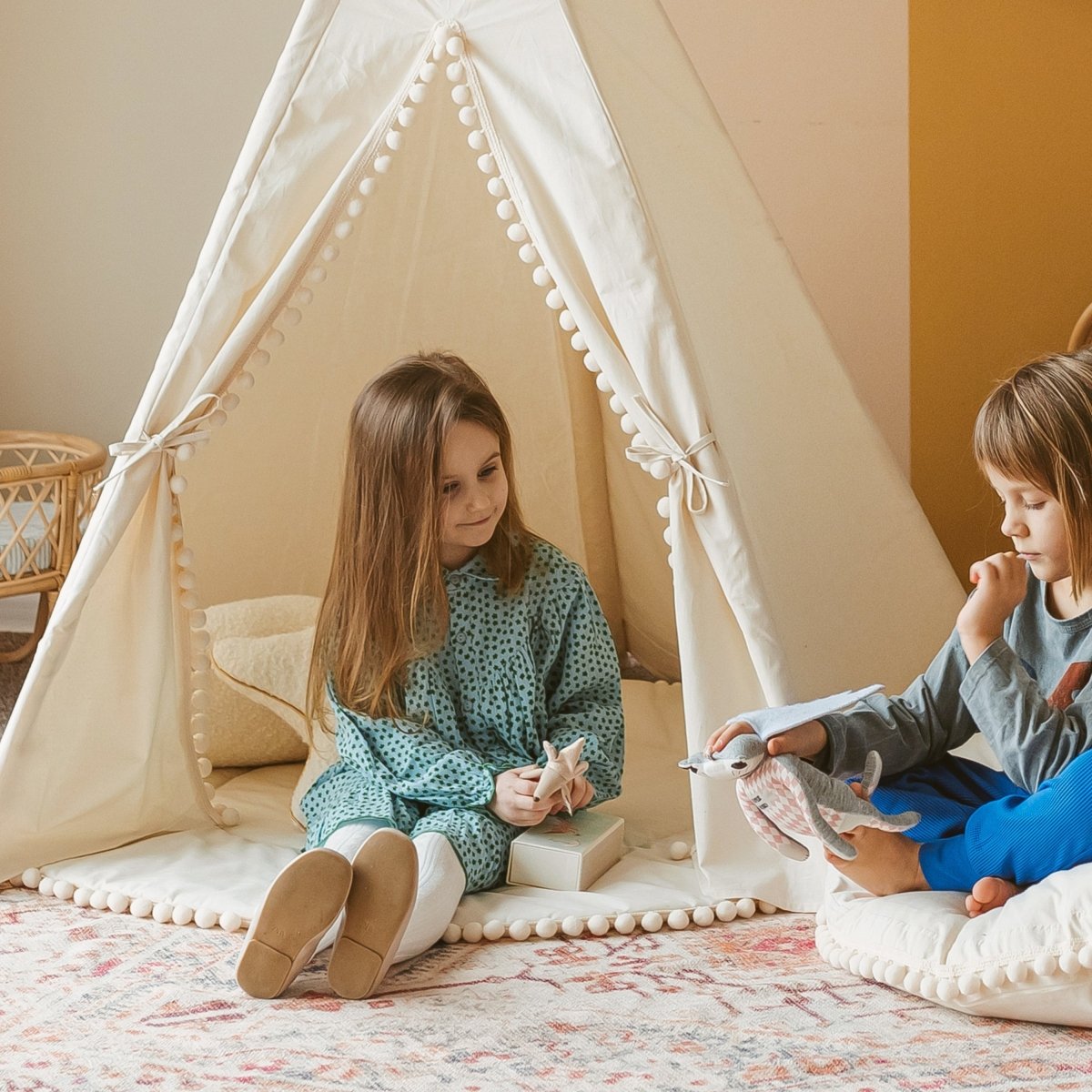 MINICAMP Kids Playmat with Pompom Border in Ecru – Playmats for children, available at Learning Bugs UK