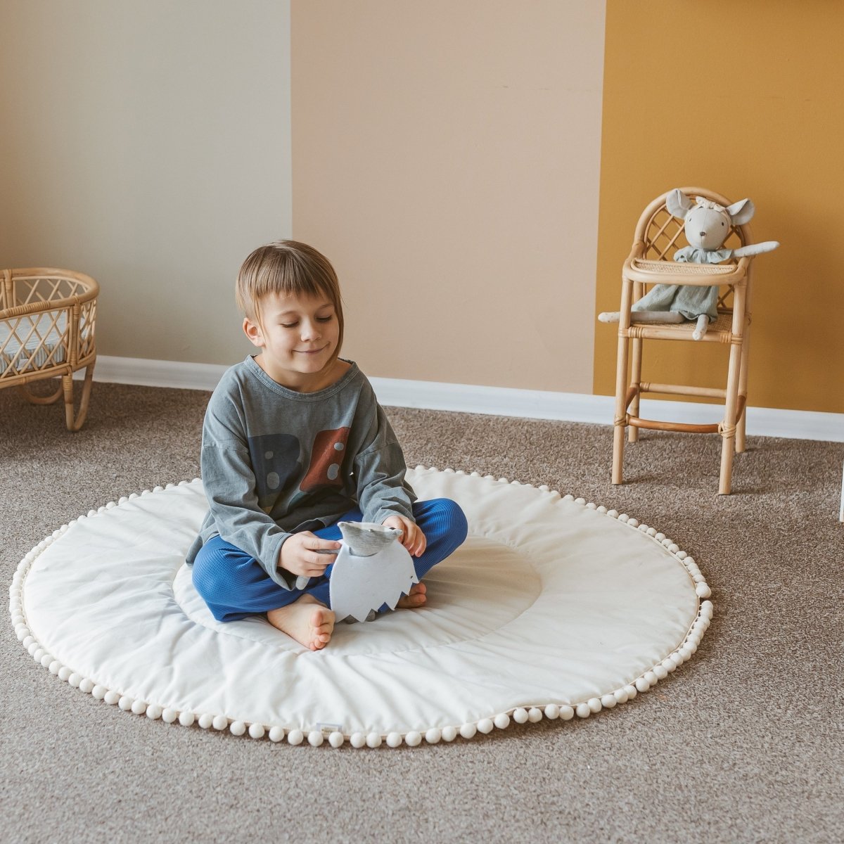 MINICAMP Kids Playmat with Pompom Border in Ecru – Playmats for children, available at Learning Bugs UK