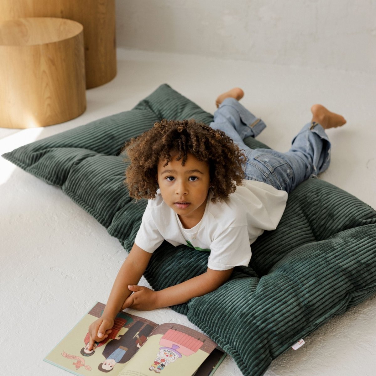 MINICAMP Tufted Corduroy Floor Cushion, French Style Pillow in Petrol Green – Kids Room Decor for children, available at Learning Bugs UK