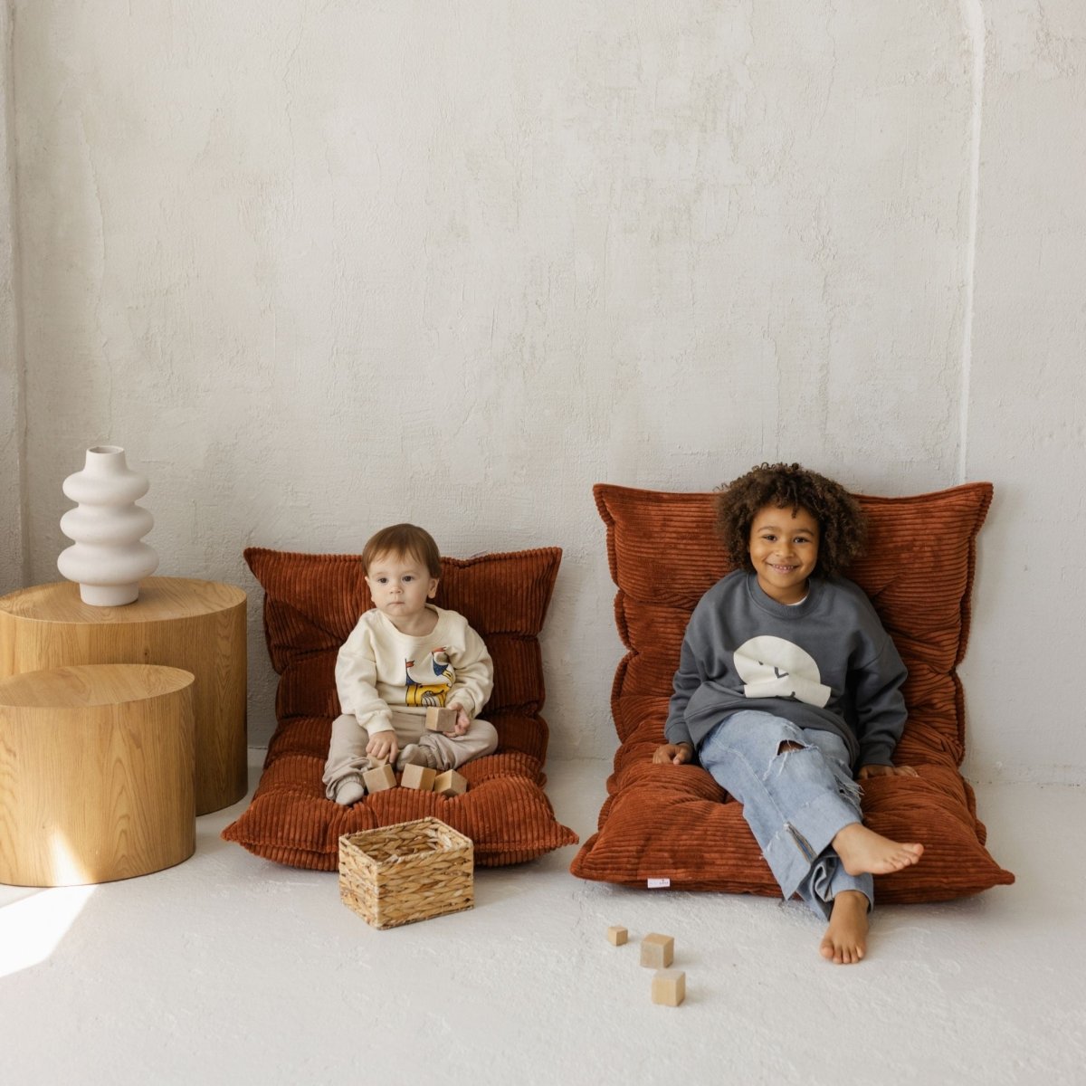 MINICAMP Tufted Corduroy Floor Cushion, French Style Pillow in Terracotta – Kids Room Decor for children, available at Learning Bugs UK