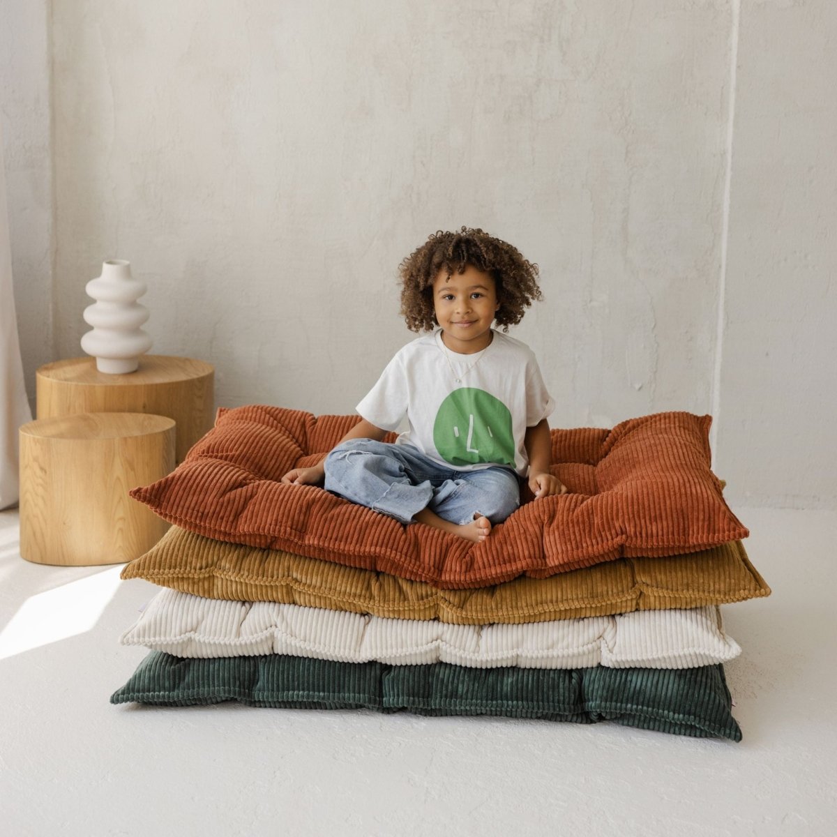 MINICAMP Tufted Corduroy Floor Cushion, French Style Pillow in Terracotta – Kids Room Decor for children, available at Learning Bugs UK