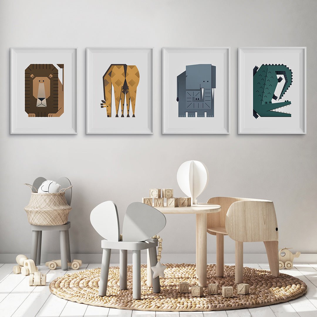 Minimal Safari Animals Nursery Prints Set of 4 – Print Sets for children, available at Learning Bugs UK