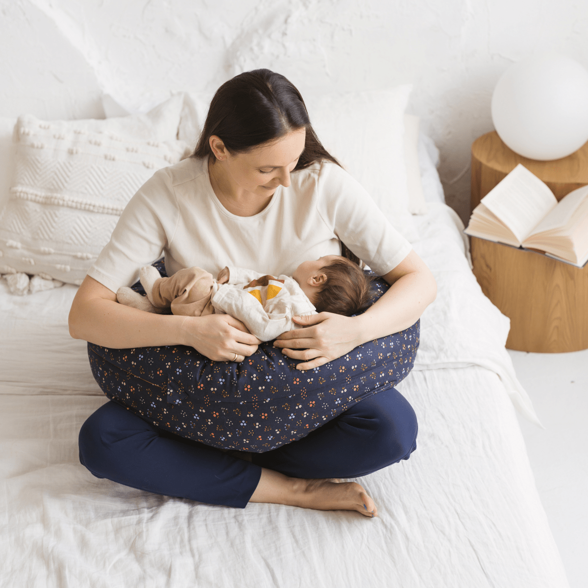 MINICAMP C-Shape Nursing & Pregnancy Pillow with Organic Navy Blue Cover | Kapok & Latex Blend or PES Filling – Nursing Pillows for children, available at Learning Bugs UK