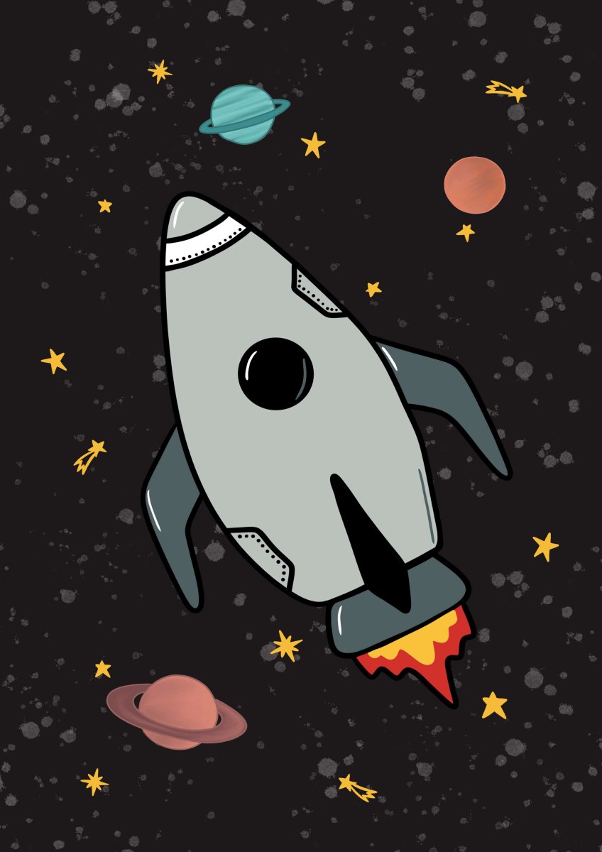 Space Rocket 1 print - black background – for children, available at Learning Bugs UK
