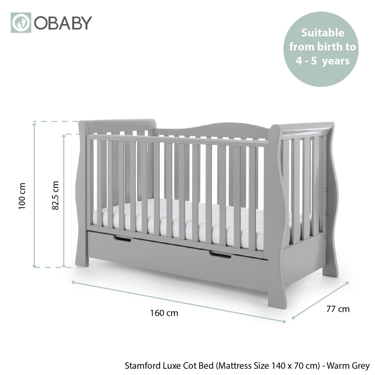 Obaby Stamford Luxe Sleigh Cot Bed - Warm Grey