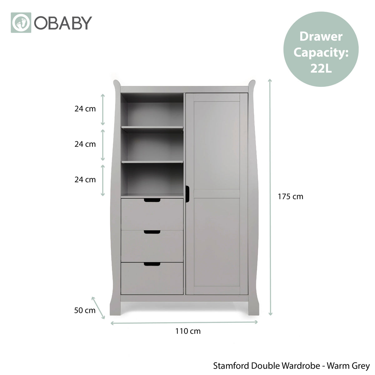 Obaby Stamford Classic Sleigh 3 Piece Room Set - Warm Grey