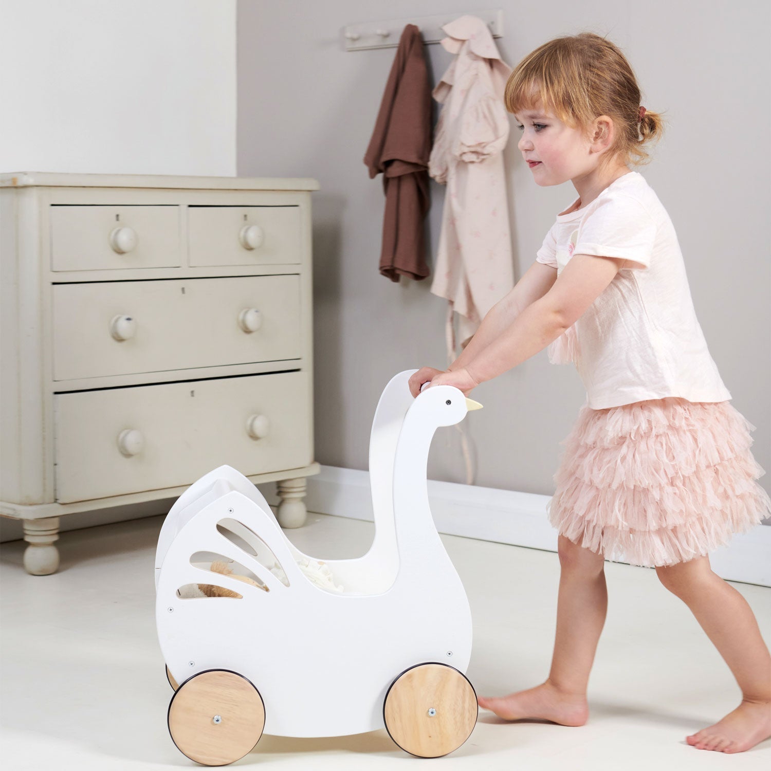 Buy Tender Leaf Sweet Swan Pram | Wooden baby doll pram for kids by Learning Bugs UK