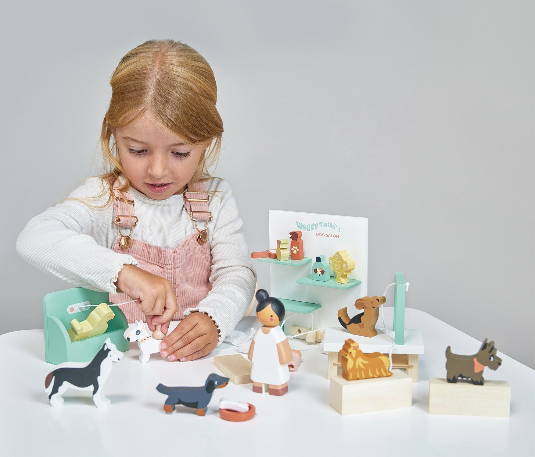 Buy Waggy Tails Dog Salon | Wooden dolls house pet set for kids by Learning Bugs UK