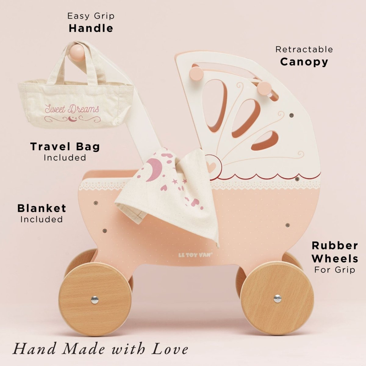 Le Toy Van Retro Wooden Doll Pram – Pretend Play for children, available at Learning Bugs UK