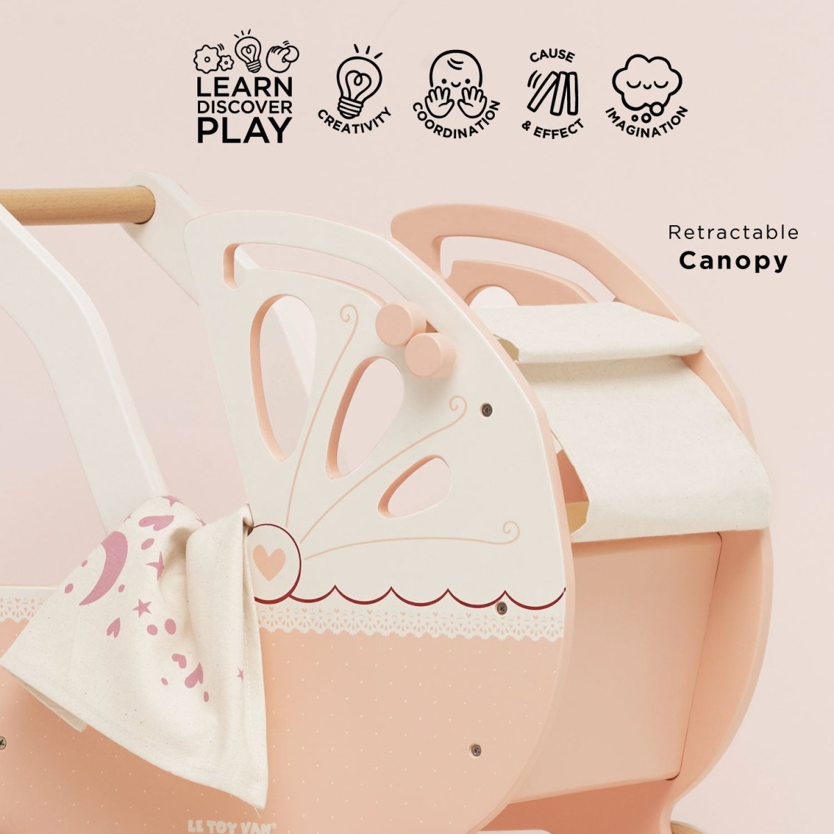Le Toy Van Retro Wooden Doll Pram – Pretend Play for children, available at Learning Bugs UK