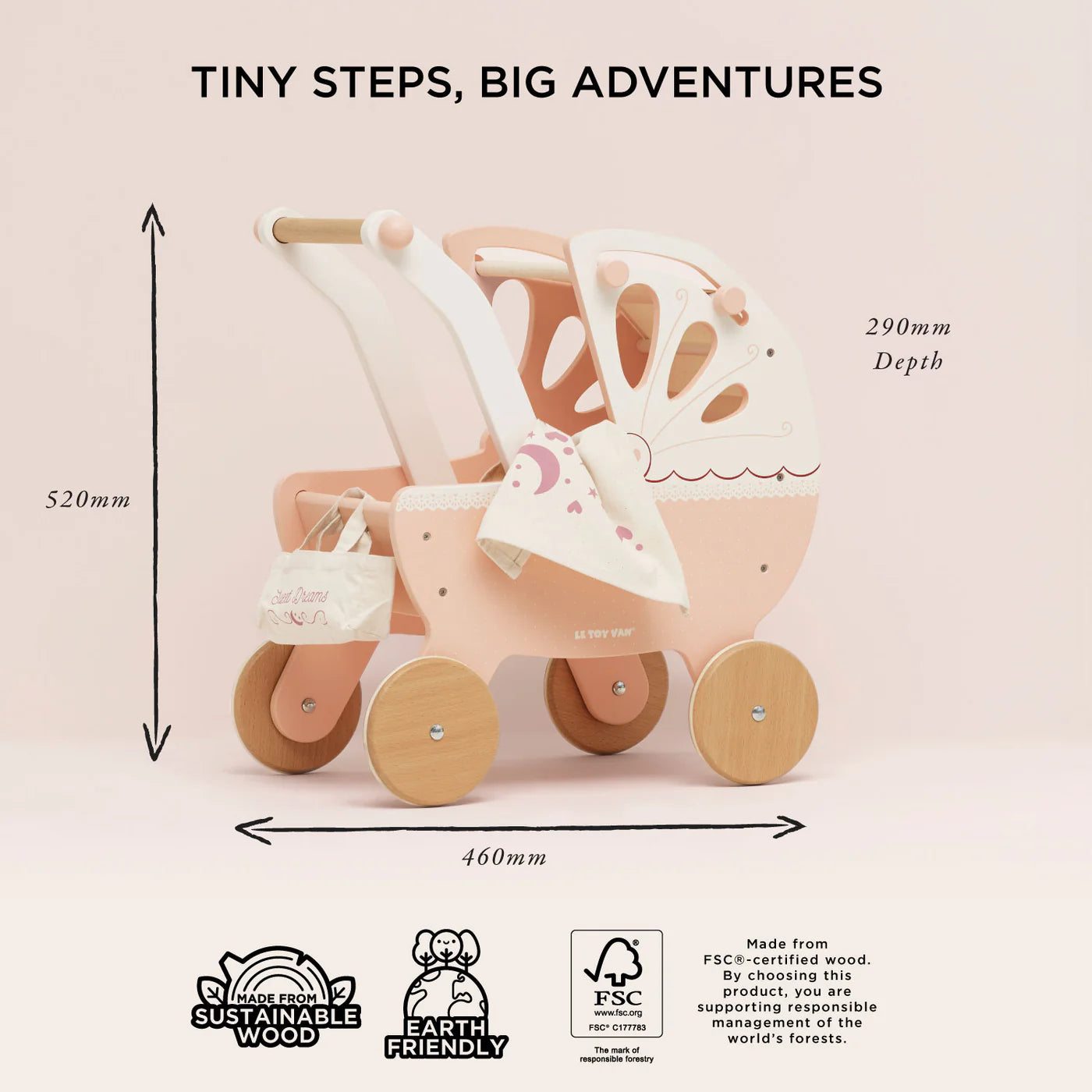 Le Toy Van Doll's Wooden Pram – for children, available at Learning Bugs UK