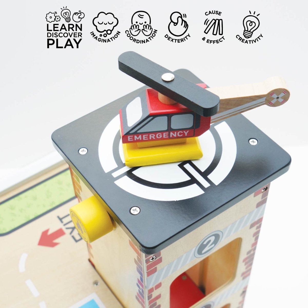 Fire & Rescue Wooden Garage – Play Vehicles for children, available at Learning Bugs UK