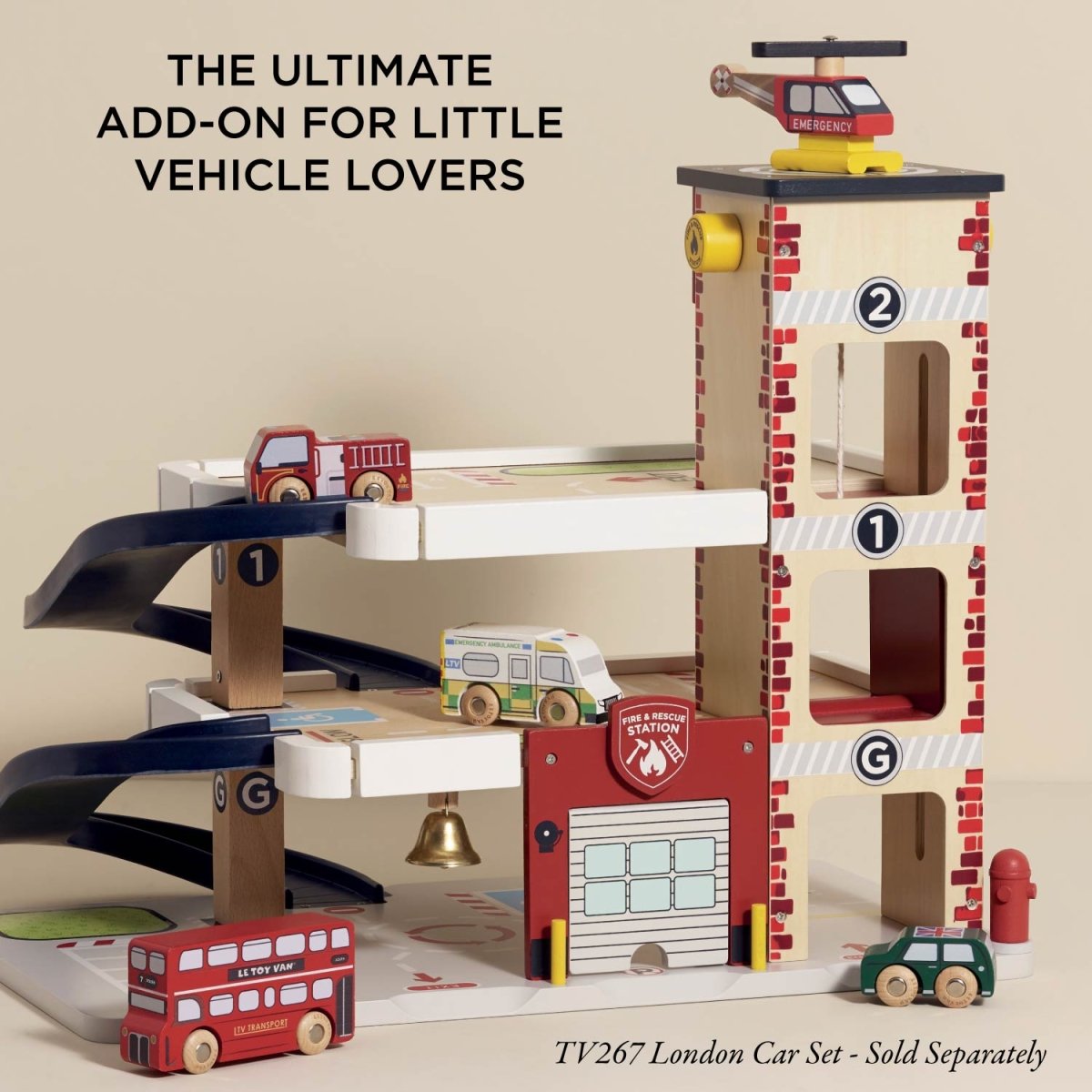 Fire & Rescue Wooden Garage – Play Vehicles for children, available at Learning Bugs UK