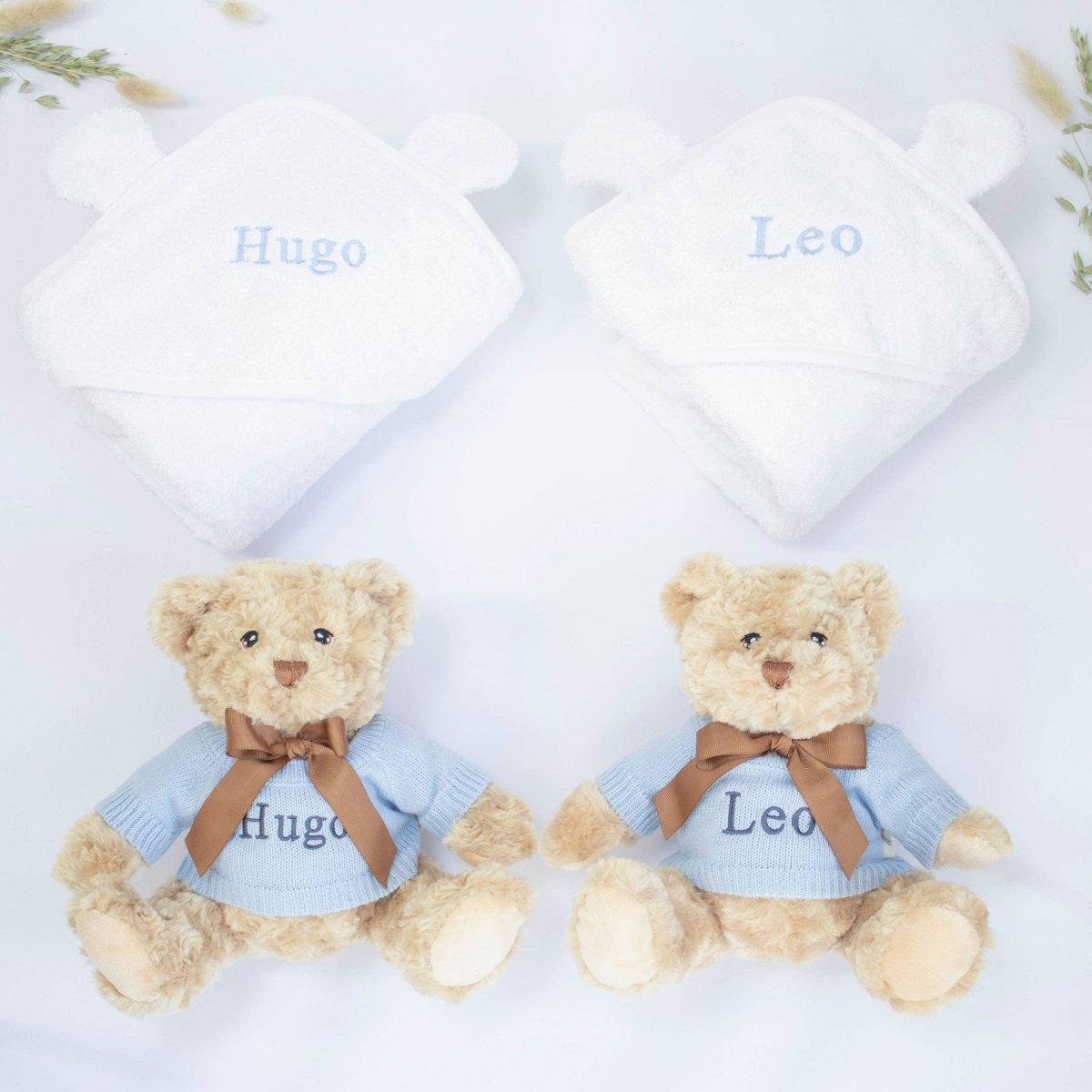 Twin Boys Teddy and Towel Gift Set – for children, available at Learning Bugs UK