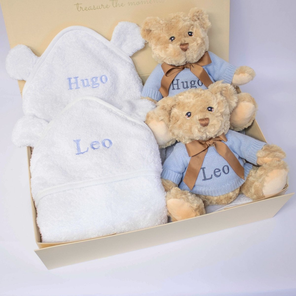 Twin Boys Teddy and Towel Gift Set – for children, available at Learning Bugs UK