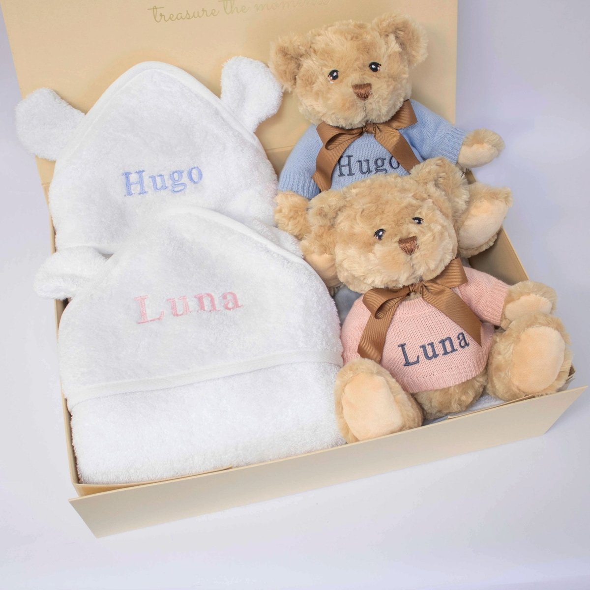 Twins Teddy and Towel Gift Set – for children, available at Learning Bugs UK