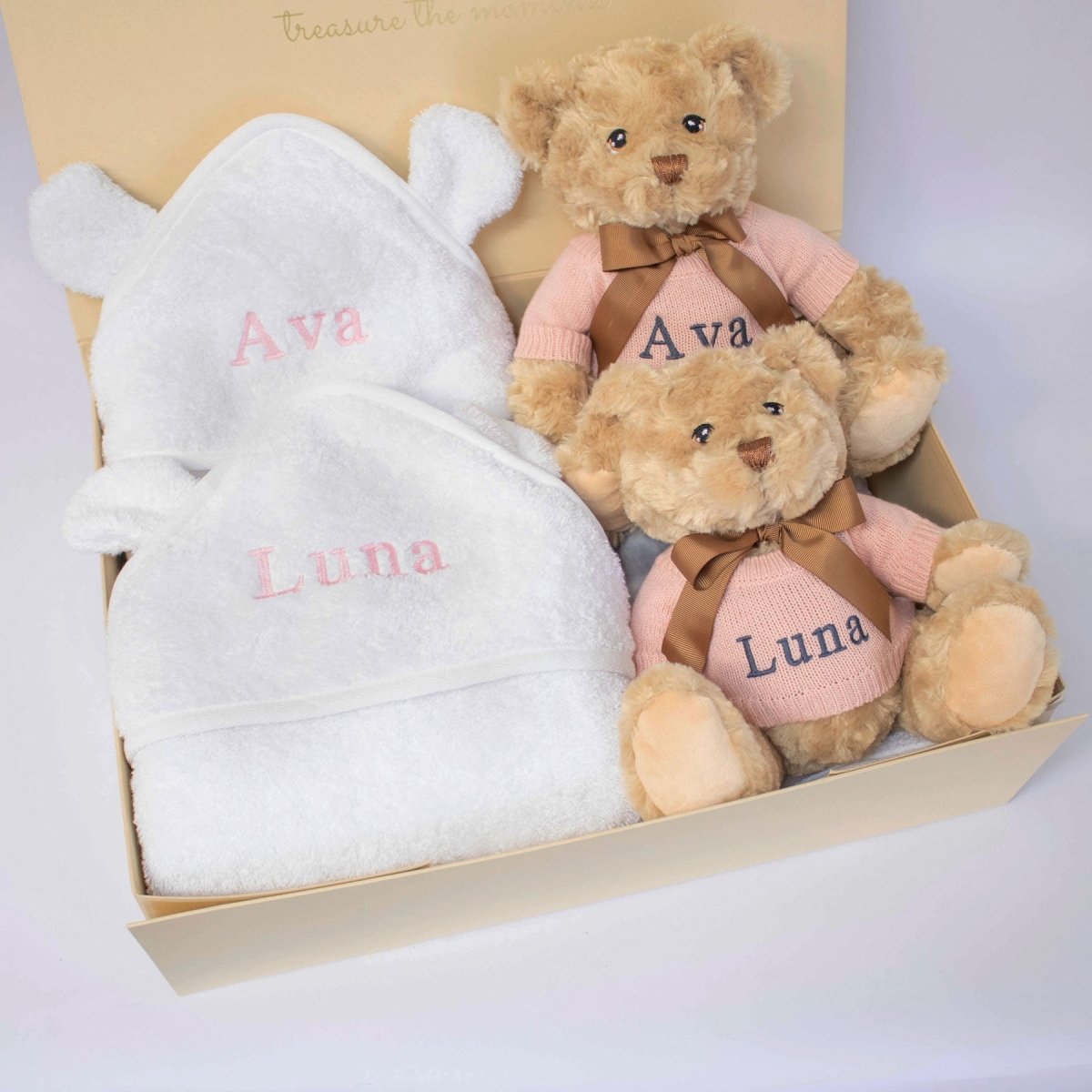 Twin Girls Teddy and Towel Gift Set – for children, available at Learning Bugs UK