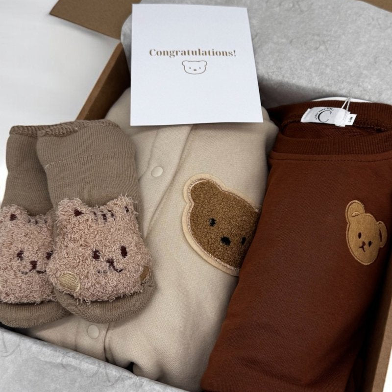 The Cozy Ultimate Bear Tracksuit, Playsuit + Socks Personalised Gift Box – Gift Sets for children, available at Learning Bugs UK