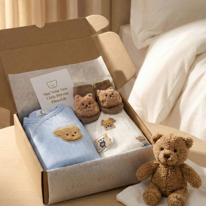 The Cozy Blue Boucle Baby Bear & Charming Bear Personalised Gift Box – Gift Sets for children, available at Learning Bugs UK