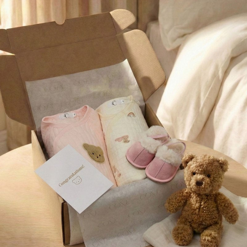 The Cozy Pink Boucle Baby Bear & Rainbow Personalised Gift Box – Gift Sets for children, available at Learning Bugs UK