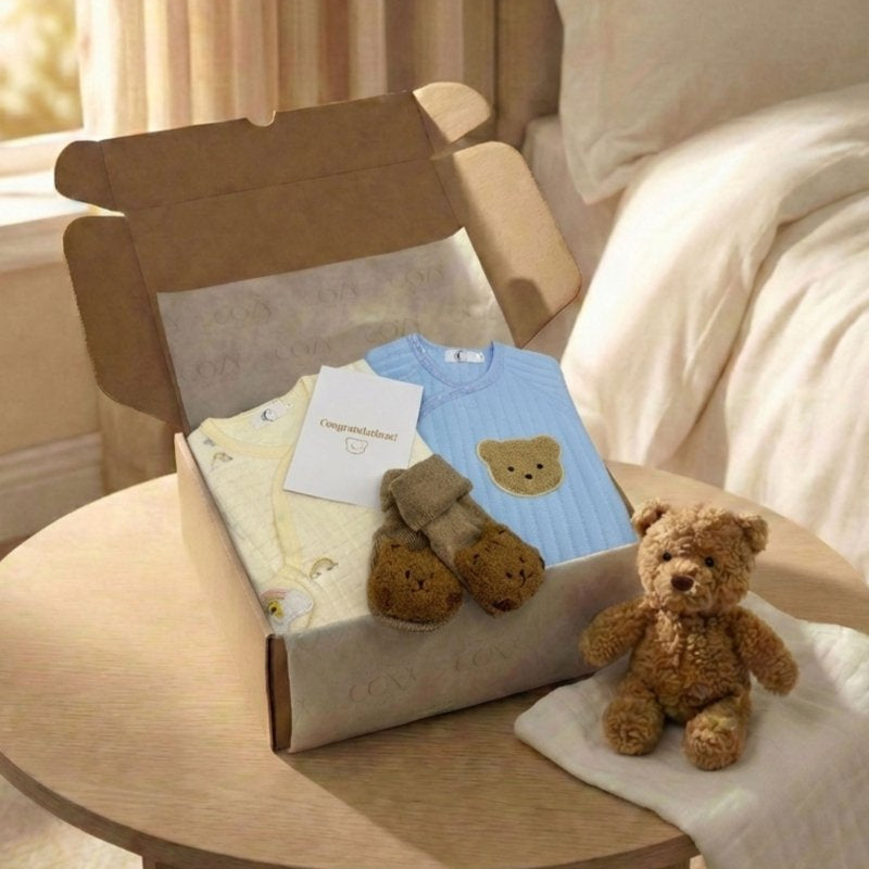 The Cozy Blue Boucle Baby Bear & Blue Rainbow Personalised Gift Box – Gift Sets for children, available at Learning Bugs UK