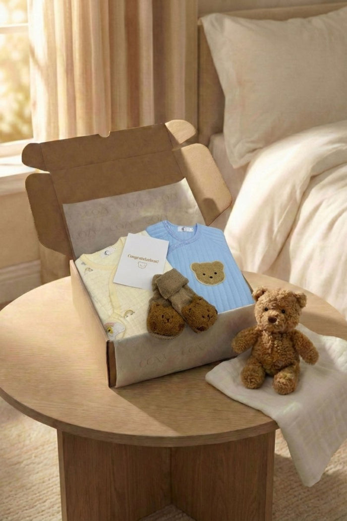 The Cozy Blue Boucle Baby Bear & Blue Rainbow Personalised Gift Box – Gift Sets for children, available at Learning Bugs UK