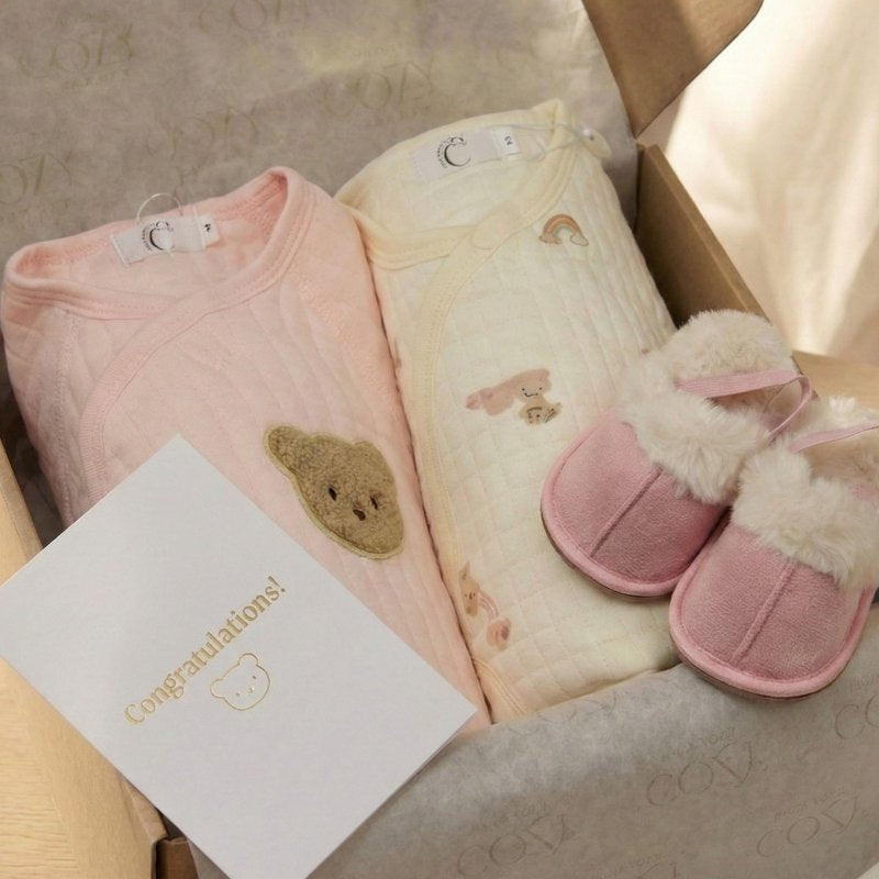 The Cozy Pink Boucle Baby Bear & Rainbow Personalised Gift Box – Gift Sets for children, available at Learning Bugs UK