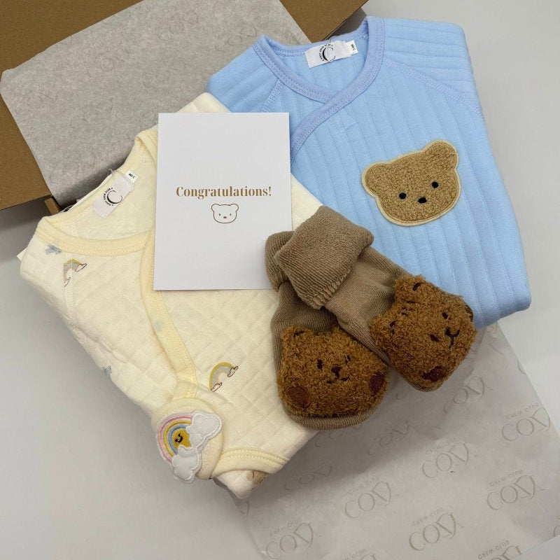 The Cozy Blue Boucle Baby Bear & Blue Rainbow Personalised Gift Box – Gift Sets for children, available at Learning Bugs UK