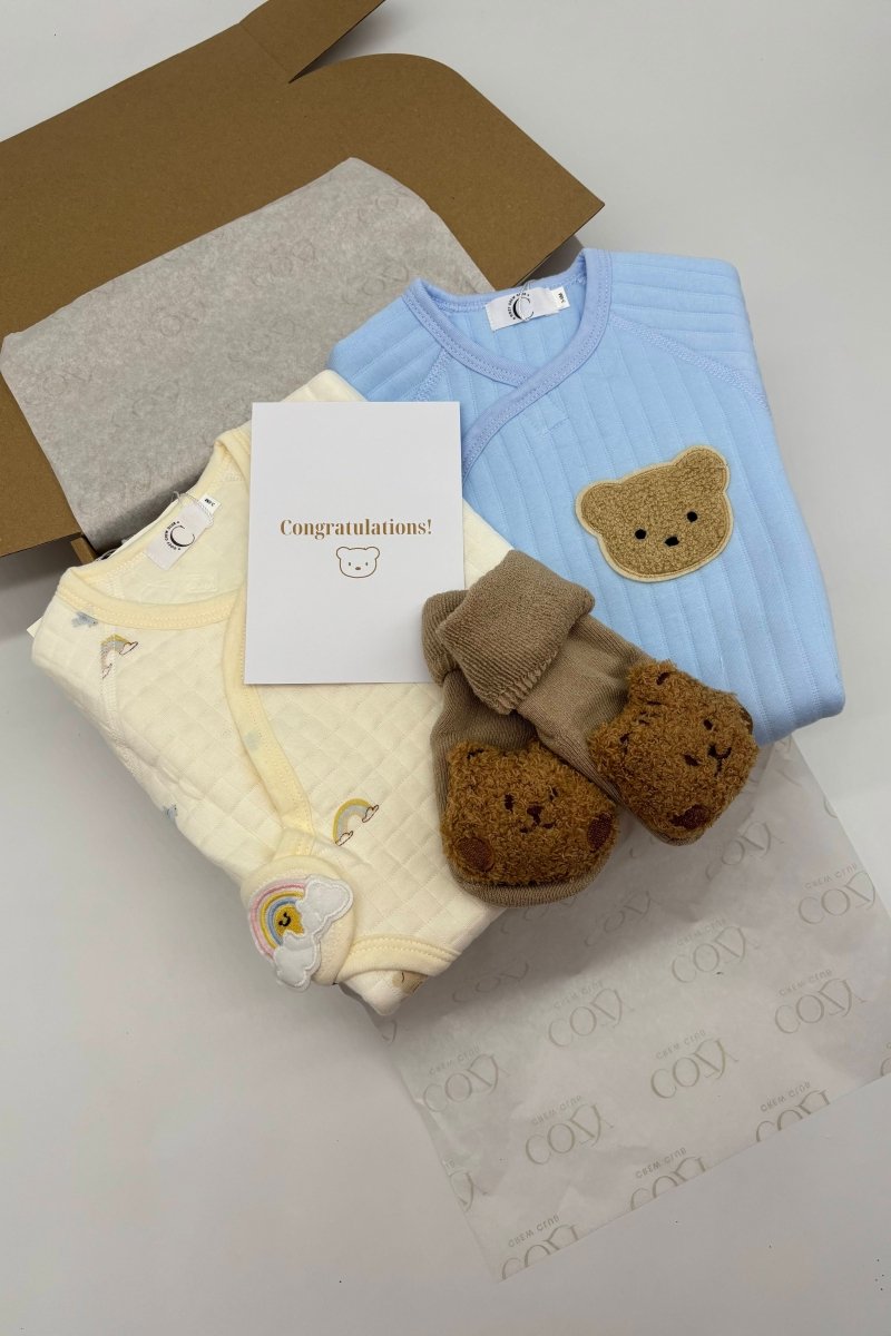 The Cozy Blue Boucle Baby Bear & Blue Rainbow Personalised Gift Box – Gift Sets for children, available at Learning Bugs UK