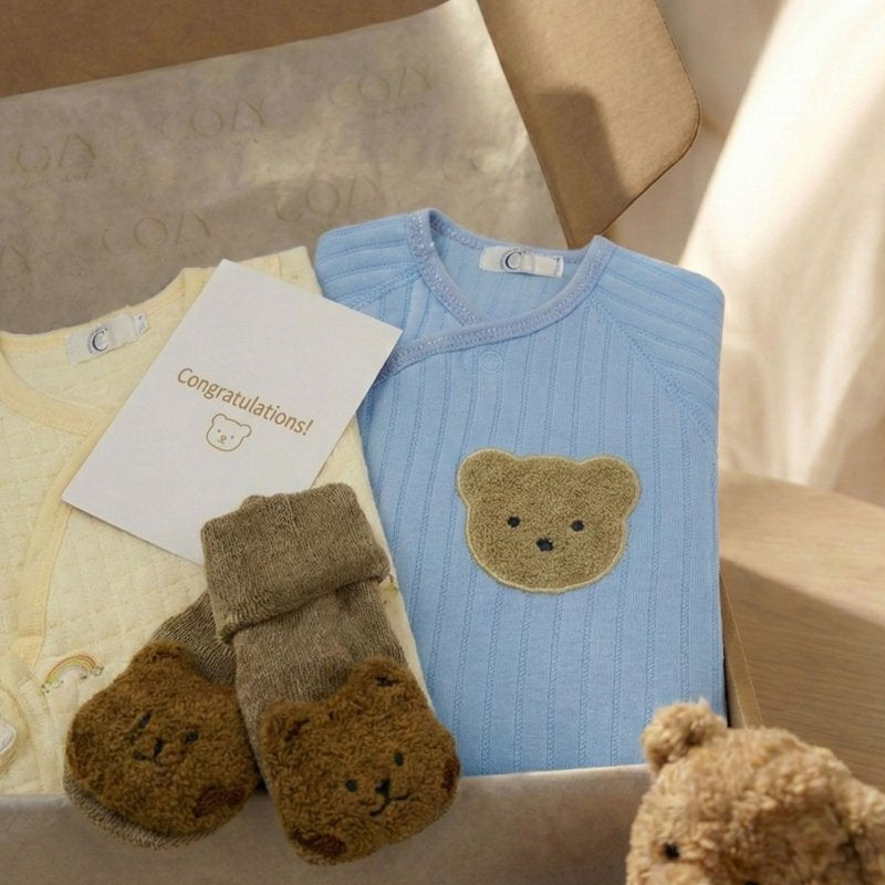The Cozy Blue Boucle Baby Bear & Blue Rainbow Personalised Gift Box – Gift Sets for children, available at Learning Bugs UK