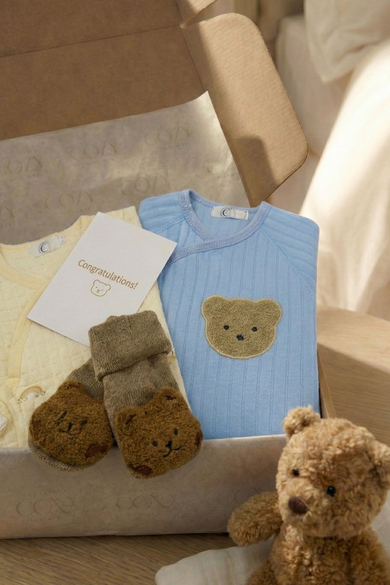 The Cozy Blue Boucle Baby Bear & Blue Rainbow Personalised Gift Box – Gift Sets for children, available at Learning Bugs UK
