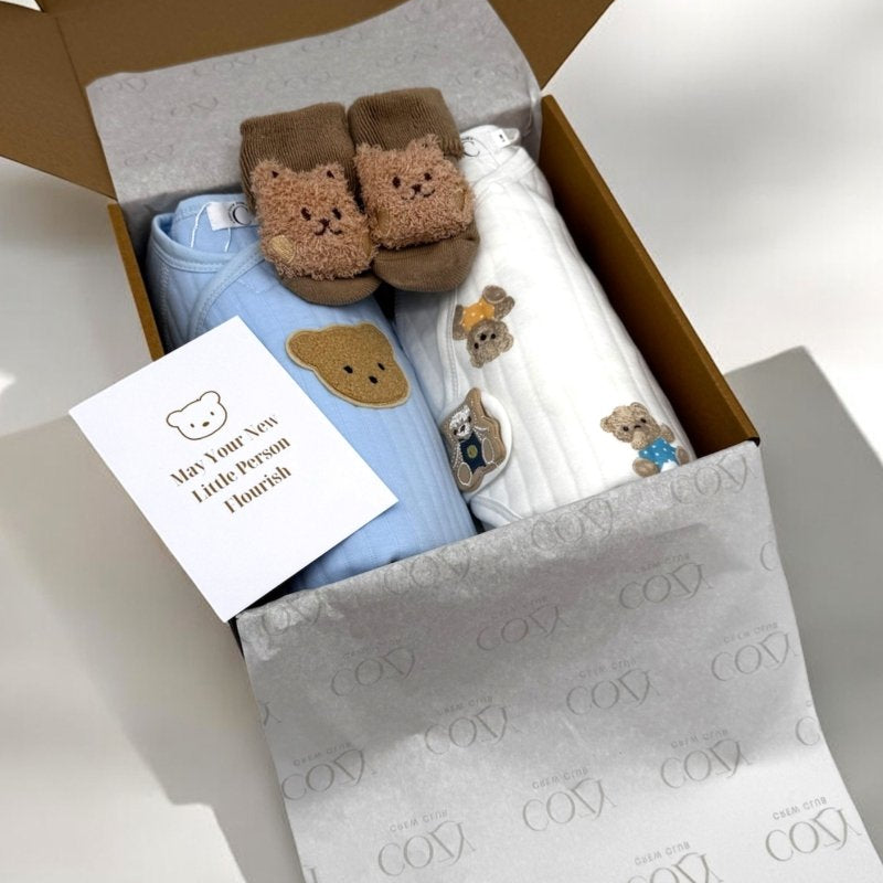 The Cozy Blue Boucle Baby Bear & Charming Bear Personalised Gift Box – Gift Sets for children, available at Learning Bugs UK