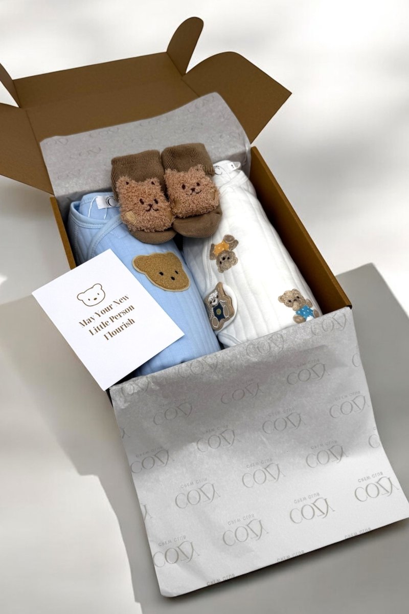 The Cozy Blue Boucle Baby Bear & Charming Bear Personalised Gift Box – Gift Sets for children, available at Learning Bugs UK