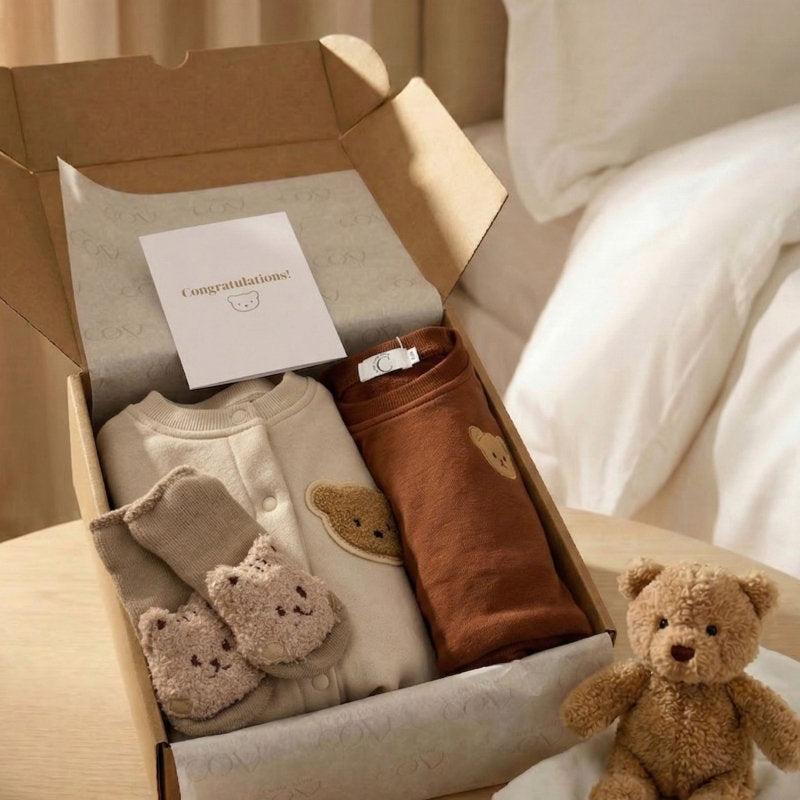 The Cozy Ultimate Bear Tracksuit, Playsuit + Socks Personalised Gift Box – Gift Sets for children, available at Learning Bugs UK