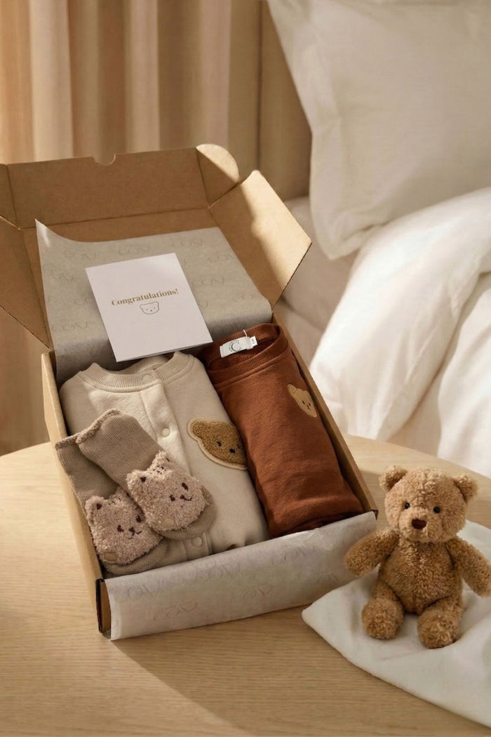 The Cozy Ultimate Bear Tracksuit, Playsuit + Socks Personalised Gift Box – Gift Sets for children, available at Learning Bugs UK